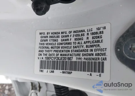 2018 Honda Civic Ex-T из США, поврежденный, VIN 19XFC1F3XJE201907